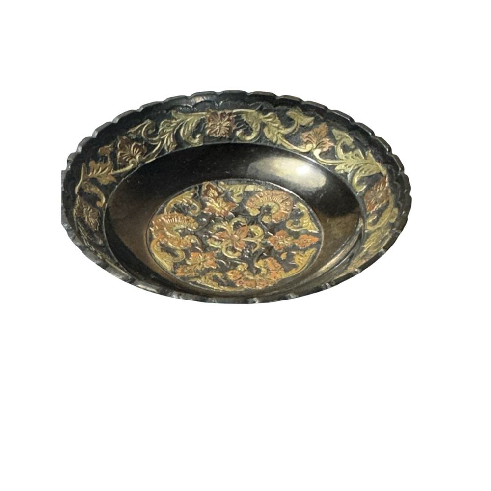 Vintage Toledo Spain Damascene Small Inlaid Gold Footed Trinket Dish 4”